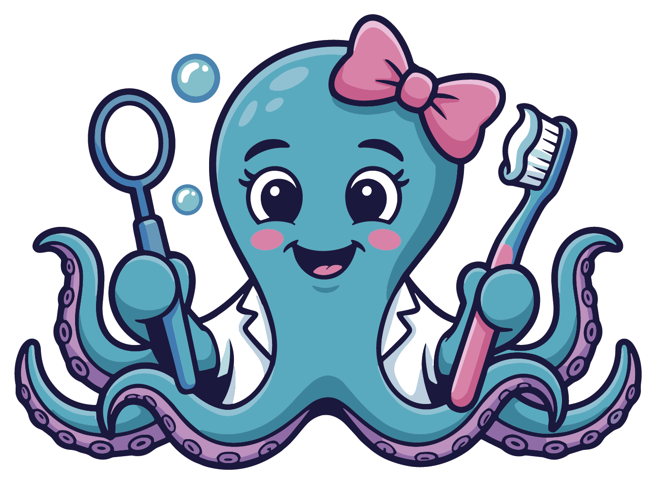 Pulpo mascota de DentalKids con espejo dental y cepillo